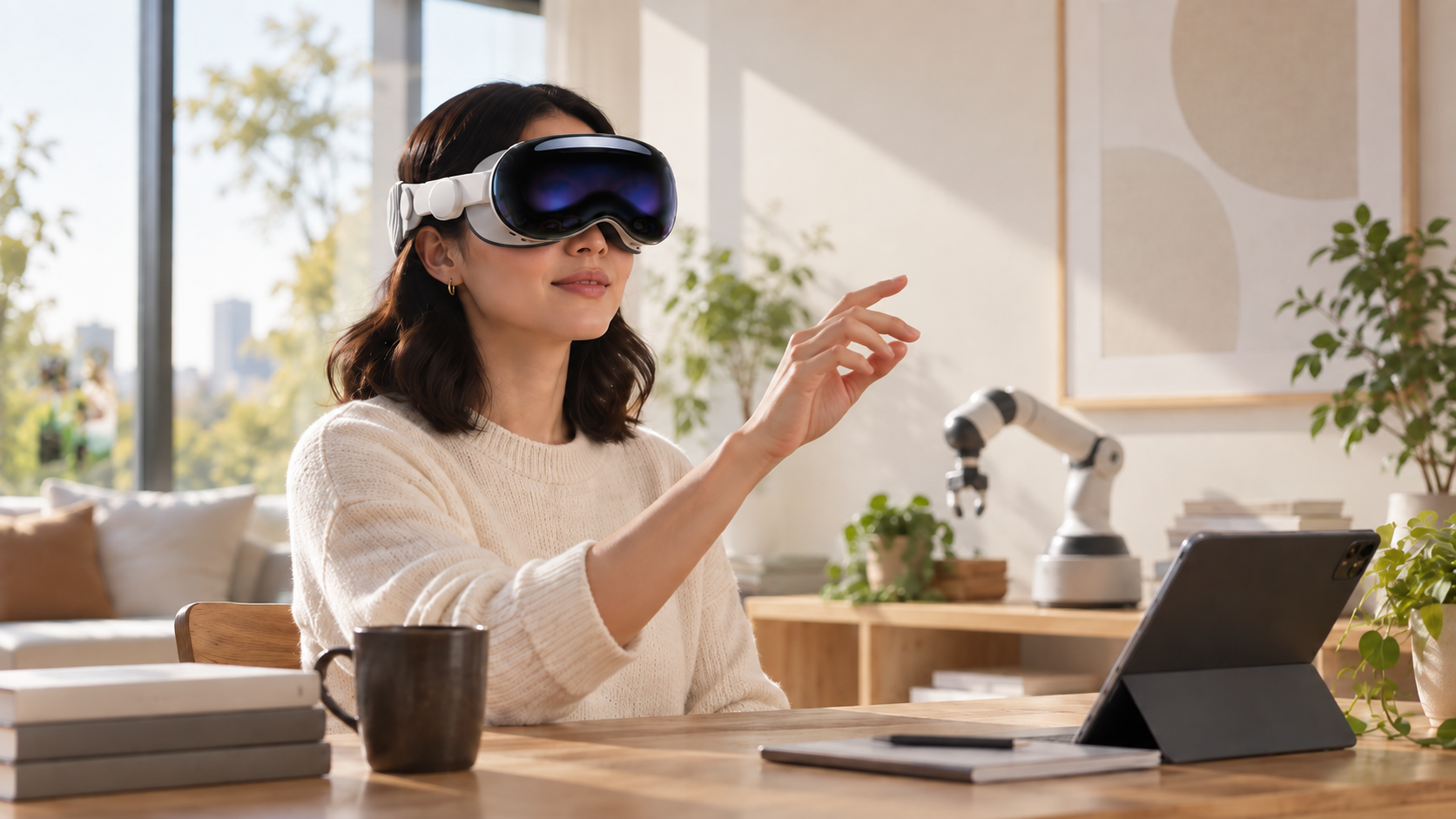 A woman using a spatial headset in a bright living room, with a tablet and assistive robotic arm nearby