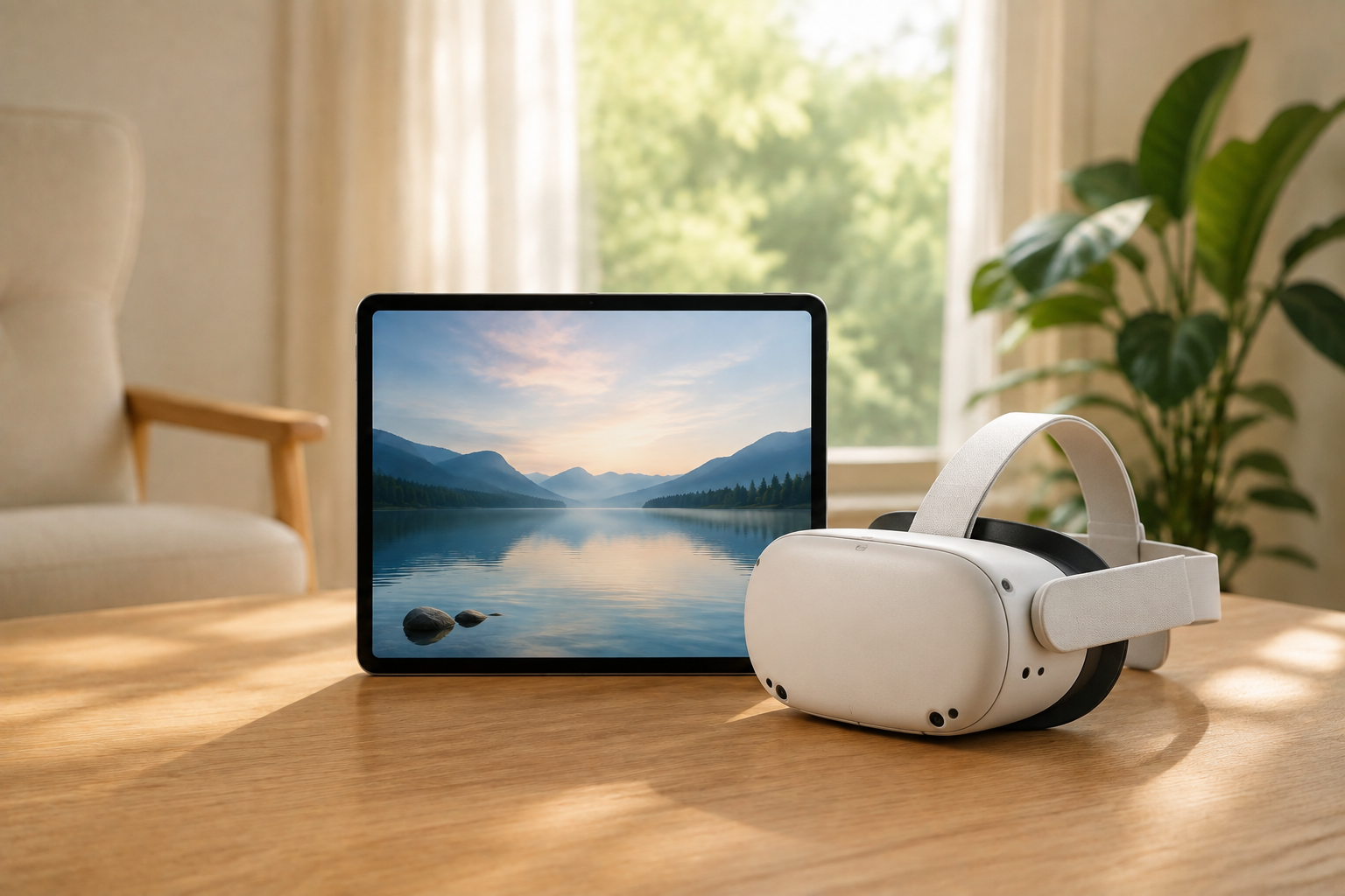 A tablet displaying a peaceful mountain lake beside a white VR headset in a sunlit living room